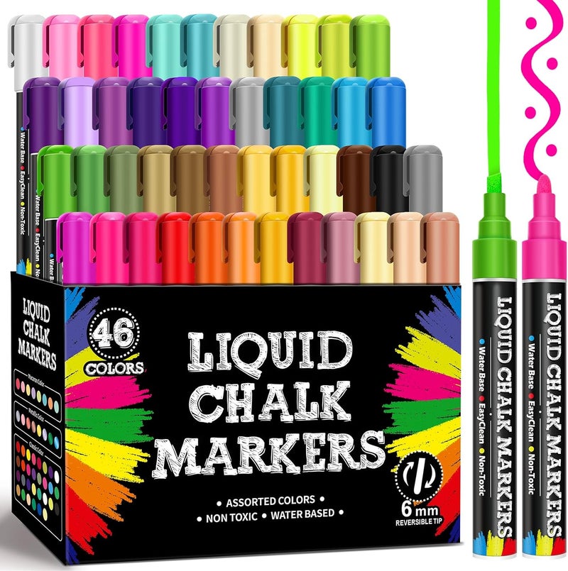 BainGesk 46 Colors Liquid Chalk Markers, Dust-Free Erasable Pens for Blackboards, Chalk Markers for Chalkboard, Windows, Glass, Mirror, Acrylic Dry Erase Board, 6mm Reversible Bullet & Chisel Tip - Image 1